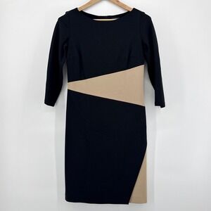 Ann Taylor Asymmetric Colorblock Ponte Sheath Dress Black Tan 3/4 Sleeve Size 4
